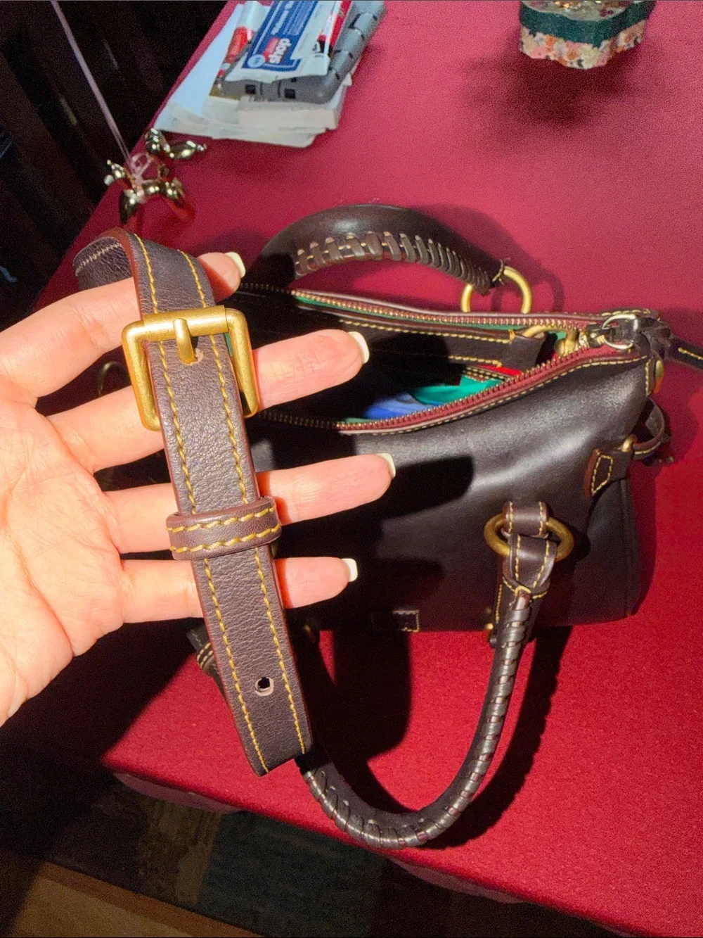 Dooney & Bourke Brown Tomro REGULAR Satchel with Gold Hardware and Red Trim